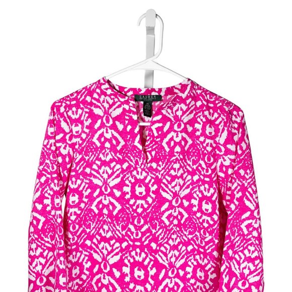 Ralph Lauren Women's Blouse Pink White Geometric Abstract Long Sleeve Top PS - Picture 5 of 9